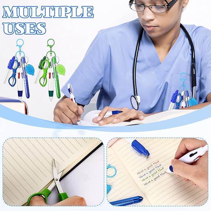 12 pcs Nurse Pen Set Two Colors Blue Green Include Permanent Marker Pen Pen Lights for Nurses Retractable Ballpoint Pen Nursing Keychain Clip Foldable Scissors LED Flashlight Keychain for Nurses