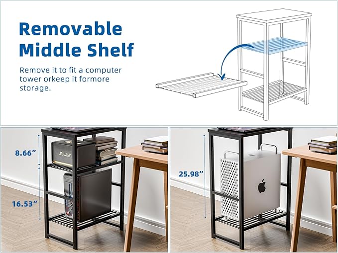 GEORIS 3 Tier Freestanding Printer Stand Shelf for Desk, Black Metal Side Table for Printer, Fax Marchine