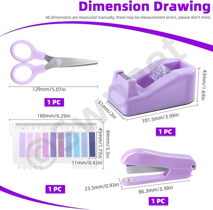 Swpeet 9Pcs Purple Office Supplies Kit, Desk Accessories Including Stapler, Tape Dispenser, Staple Remover, Tabs, Scissors, Staples, Tape, Clips and Sticky Note Ideal for Office and School