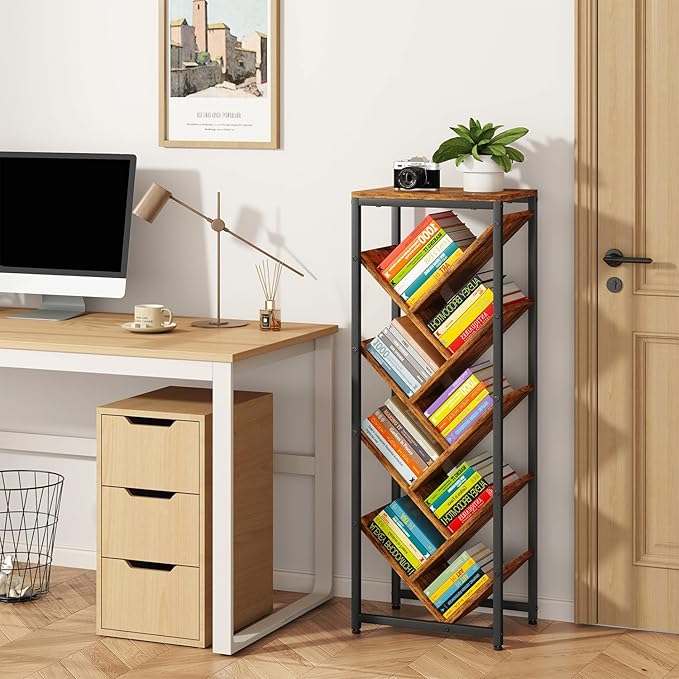 IBUYKE 9 Tier Tree Bookshelf, Floor Standing Wood Bookshelf for Narrow Space, Storage Organizer Bookcase for Books/CDs/Movies, Small Corner Bookcase for Bedroom Living Room,Rustic Brown,TBC002H