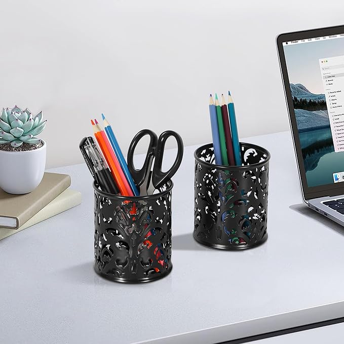 EasyPAG Black Pen Holder for Desk, 2 Pack Round Pen Organizer, Brush Holder for Vanity, Metal Pencil Cup Organizer for Home, Office, Classroom, School
