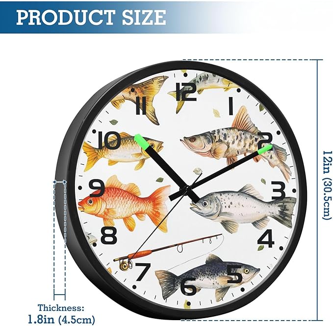 Vozoza Fishing Underwater 12 Inch Analog Wall Clocks Battery-Operated with Led Lights for Living Room Bedroom Kitchen Office Decor, Battery Not Included