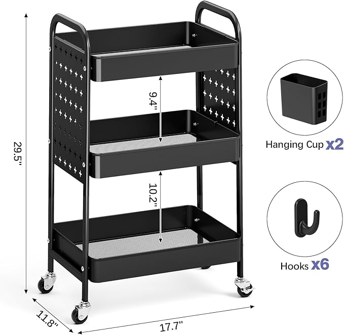 KINGRACK 3 Tier Rolling Cart with DIY Hanging Board, Metal Rolling Utility Cart with Wheels Handles Baskets Hooks, Rolling Storage Cart Suitable for Bathroom, Kitchen, Office, Nursery Diaper (Black)