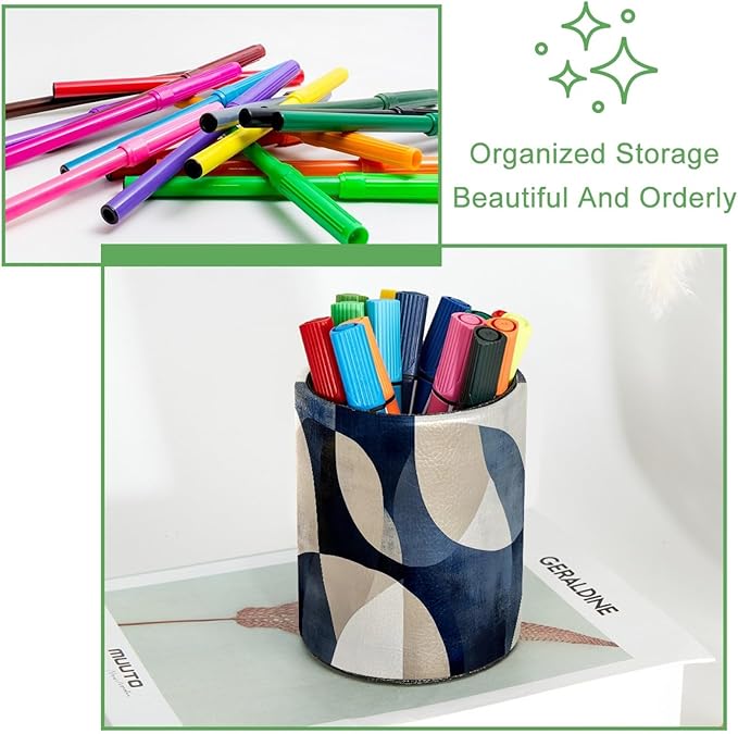 Leather Pen Holder for Desk, Abstract Geometric Blue Brown Print Pencil Cup Desktop Organizer Makeup Brush Holders Office Supplies for Home, Kids & School