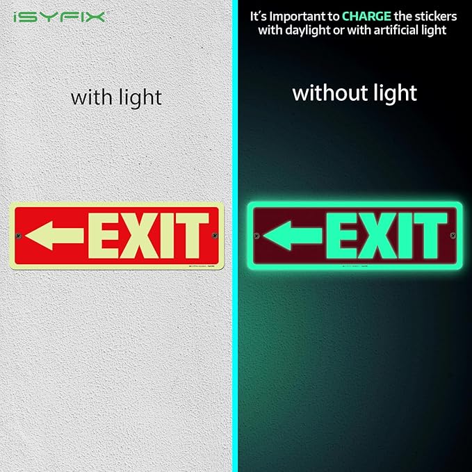 iSYFIX Exit Signs with Directional Left Arrow, Glow in the Dark, Photoluminescent Aluminum 12x4 Inch - 12 Pack, Laminated for UV & Weather Resistance, Ideal for Offices, Schools, Theaters & More