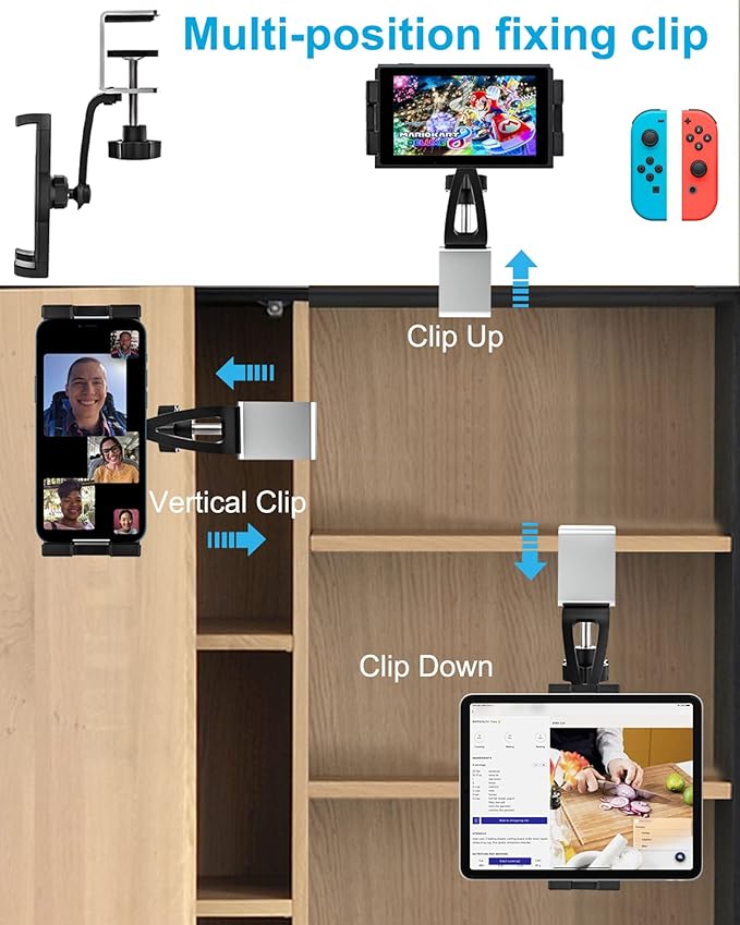 woleyi Kitchen Cabinet Tablet Mount, Easy-Install Under Cabinet Tablet Holder Stand with 360° Adjustable Clamp for iPad Pro Air Mini, Galaxy Tabs, Z Fold, Fire, Surface, Switch, iPhone, 4-13" Devices