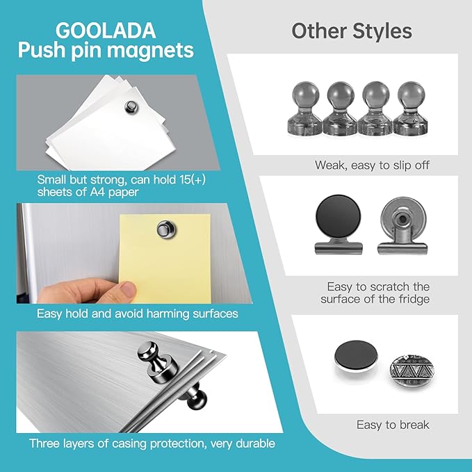 GOOLADA Pack of 56 Black Magnetic Push Pins,Fridge Magnets for Whiteboard,Whiteboard Magnets,Strong Refrigerator Magnet,Push Pin Magnet for Office School Locker