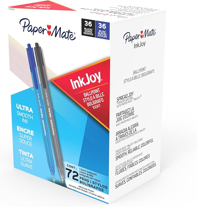 Paper Mate InkJoy 100RT Ballpoint Pens, Medium Point (1.0mm), Black & Blue Ink, 72 Count - Bulk Pack for School, Home, Office, College, Note-Taking