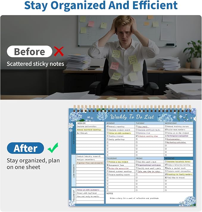 104 Pgs Weekly To Do List Notepad, 52 Duplex-Printed Undated Sheets 100 GSM（8.5"×11") Weekly Desk Planner For Work Home School Office Desk Accessories Supplies & Goal Setting Tasks -Blue Hydrangea