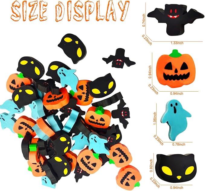 Halloween Mini Erasers for Kids - 4 Styles Cute Pumpkin Ghost Bat Erasers, Trick or Treat Party Favors, Goody Bag Filler 48pcs, Decorations