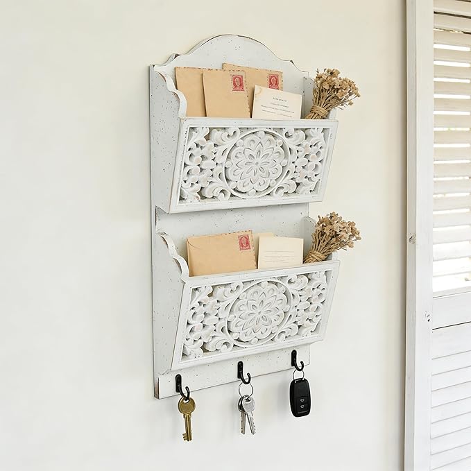 Chadechimo Rustic Key and Mail Holder for Wall Home Decorative,2-Slot Mail Organizer Wall Mount with 3 Hooks, Wooden Key Hangers Wall File Organizer Letter Sorter for Letter Magazines（White）