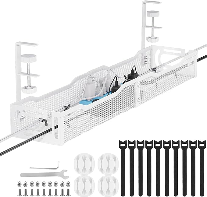 Mzmaxy Cable Management, 25'' Cable Management Under Desk No Drill, Metal Cord Organizer with Clamp for Standing Desk, Cable Organizer for Home Office, White