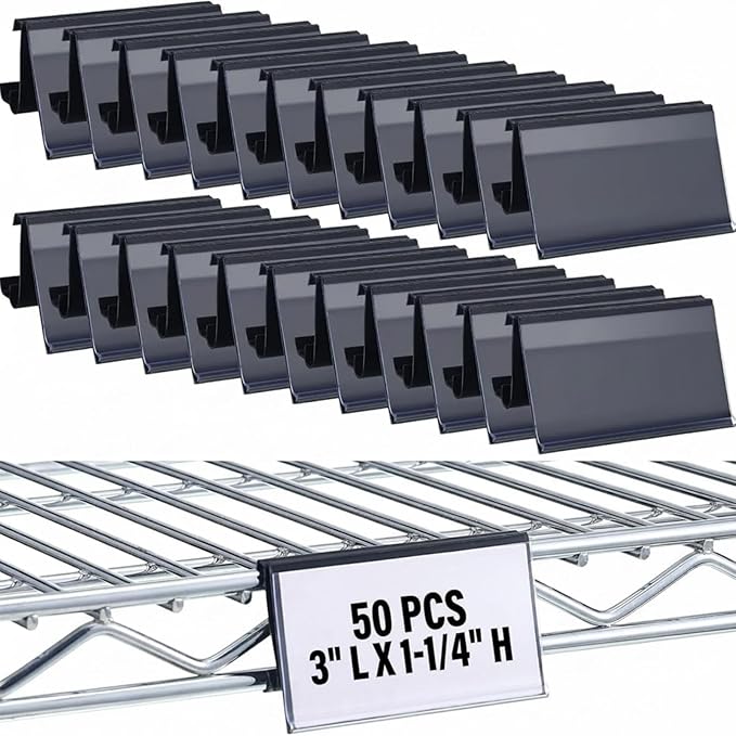 Kathfly 50 Pcs Wire Shelf Label Holders Compatible with Metro 1-1/4in Shelves, Plastic Wire Rack Label Holder 3" l x 1.25" H Price Tag Shelf Clips On, Black
