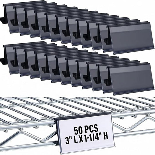Kathfly 50 Pcs Wire Shelf Label Holders Compatible with Metro 1-1/4in Shelves, Plastic Wire Rack Label Holder 3" l x 1.25" H Price Tag Shelf Clips On, Black