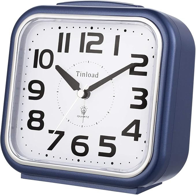 Tinload 5.5" Large Analog Alarm Clock Silent Non Ticking, Gentle Wake, Beep Sounds, Increasing Volume, Battery Operated Snooze and Manual Light, Easy Set, Blue