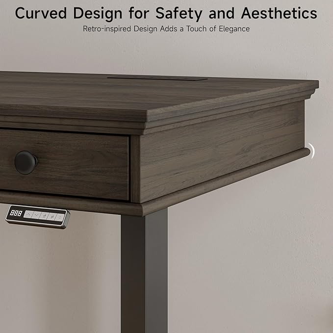 ONBRILL Standing Desk with Drawers, 55 x 23 Inch Electric Height Adjustable Desk with Storage & Outlets, for Computer Workstation, Home Office, Retro Curved Table Corner Design, Black Walnut