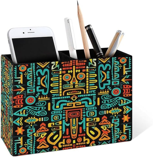 Famame Aztec Colorful Pattern Pencil Holder for Desk, Leather Desktop Container Pen Cup Storage Study Table Pen Organizer Makeup Brush Holder for Classroom Office Home