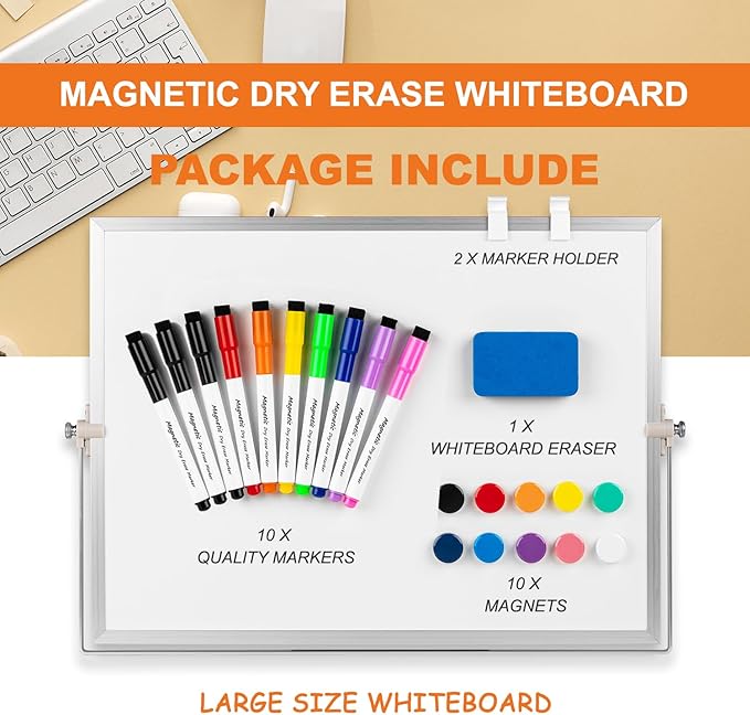 Dry Erase WhiteBoard, Aisuoker 16 x 12inch Magnetic Desktop Whiteboard with Stand, 10 Markers, 10 Magnets and 1 Eraser, Portable Double-Sided White Board for Kids Drawing Memo to Do and List Wall