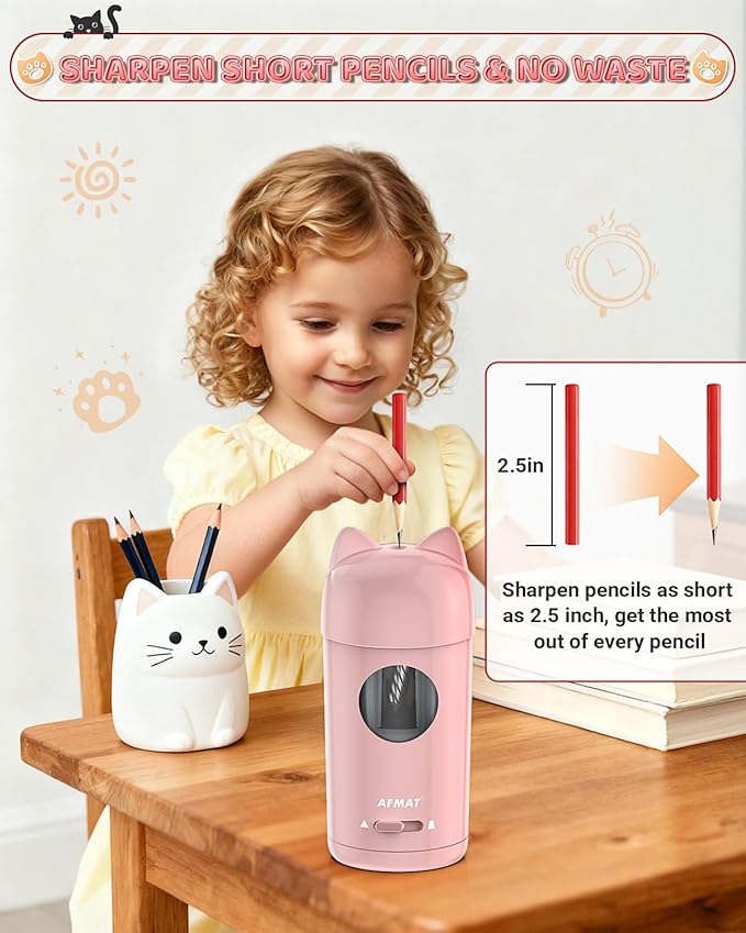 AFMAT Electric Pencil Sharpener, Pencil Sharpener for Classroom, Auto in & Out, Fully Automatic for φ7-8mm Pencils, Rechargeable & Cordless, Kids Pencil Sharpeners for Classroom Home School PSX9