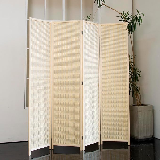 Loomveil 4 Panel Room Divider Folding Privacy Screen,67 inch Bamboo Panel Divider for Home Partition,Beige