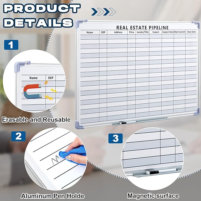 Lincia 36"x 24" Real Estate Whiteboard Lined White Board Dry Erase Real Estate Supplies Visual Transaction Tracking Whiteboard Erasable Surface Hanging Board with Sliding Tray for Wall