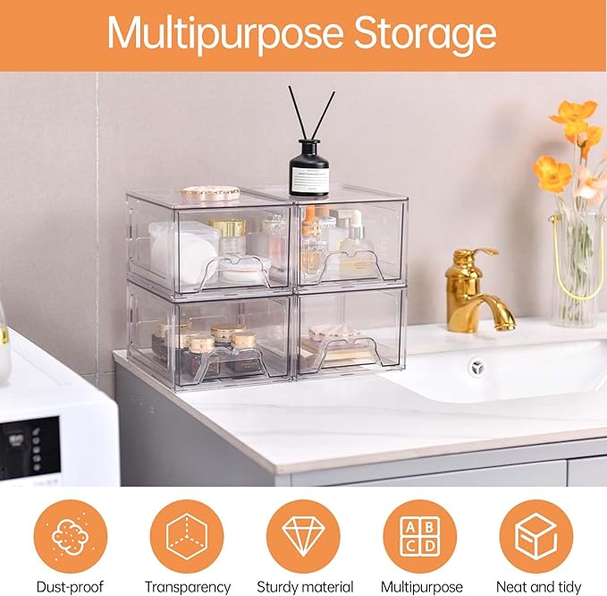 Stebopum 4 Pack Stackable Makeup Organizer, 4.4'' Tall Acrylic Bathroom Makeup Organizer and Storage Drawer with Pull-out Handle, Clear Plastic Storage Bins for Vanity,Pantry,Desk,Undersink,Kitchen