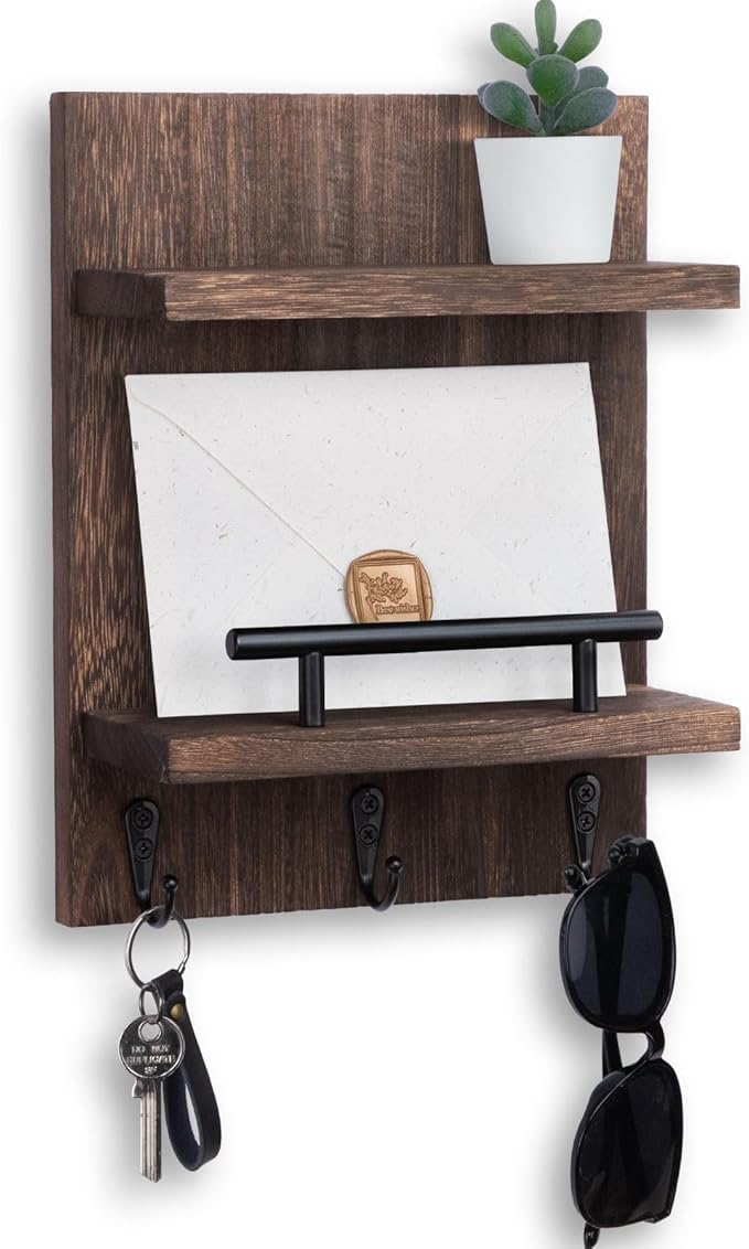 Lucundm Key Holder Wall Mount, Mail Shelf Decor with 3 Key Hooks, Versatile Wood Wall Organizer for Entryway Hallway (8.2” x 10.6”x 3.6”) (Brown)