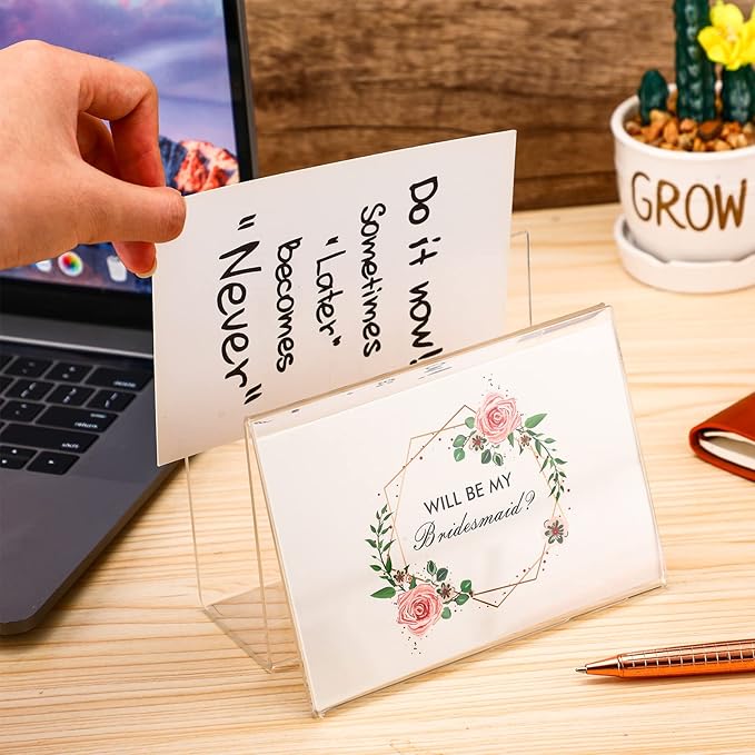 Crtiin 6 Pcs Clear Acrylic Postcard Holder Business Card Holder Greeting Card Display Clear Business Stand Rack for Index Organizer Desk Table Home Office, 6 x 4.25 x 4.5 Inches