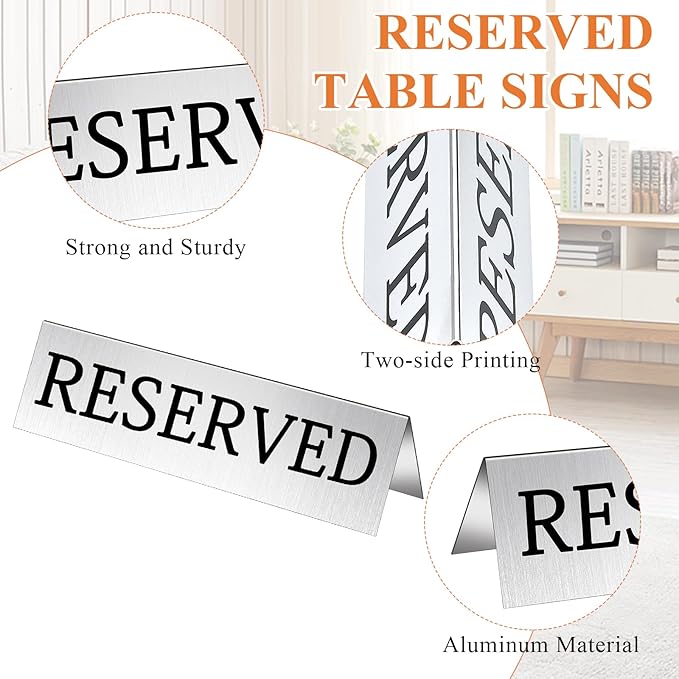 Milkary 30Pcs Metal Reserved Table Signs, Double Sided Reserved Seating Signs with Protect Film, Table Tent Stand Tents Reserved Sign for Wedding Restaurant Parties Ceremony 5.9 x 1.6 Inch Silver