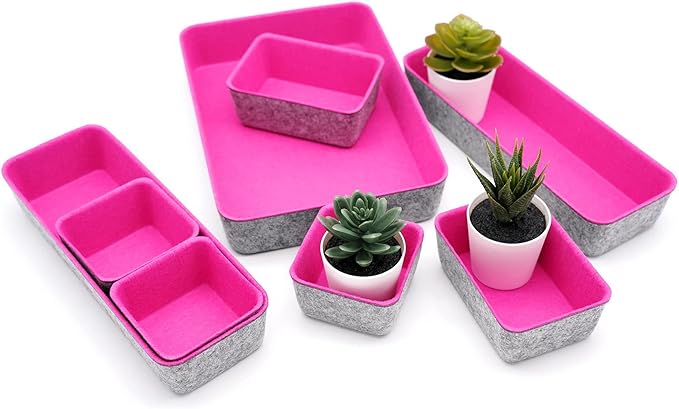 Welaxy Desk Drawer Organizer Tray Set, 8-Piece Office Drawer Organizers for Pens, Makeup, Keys, Crafts, Entryway Catchall, Decluttering Storage (Hot Pink)