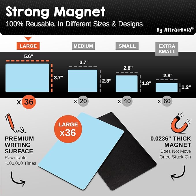 Attractivia Dry Erase Magnetic Labels 5.6 x 3.7 in, Solid Colors, Large Dry Erase Magnets, 36-Pack, Colored Erasable Write-On All-Purpose Labels, for Office, Education, Home, Whiteboard