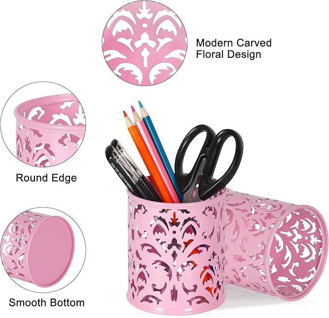 EasyPAG Pink Pen Holder for Desk, 2 Pack Round Pen Organizer, Brush Holder for Vanity, Metal Pencil Cup Organizer for Home, Office, Classroom, School
