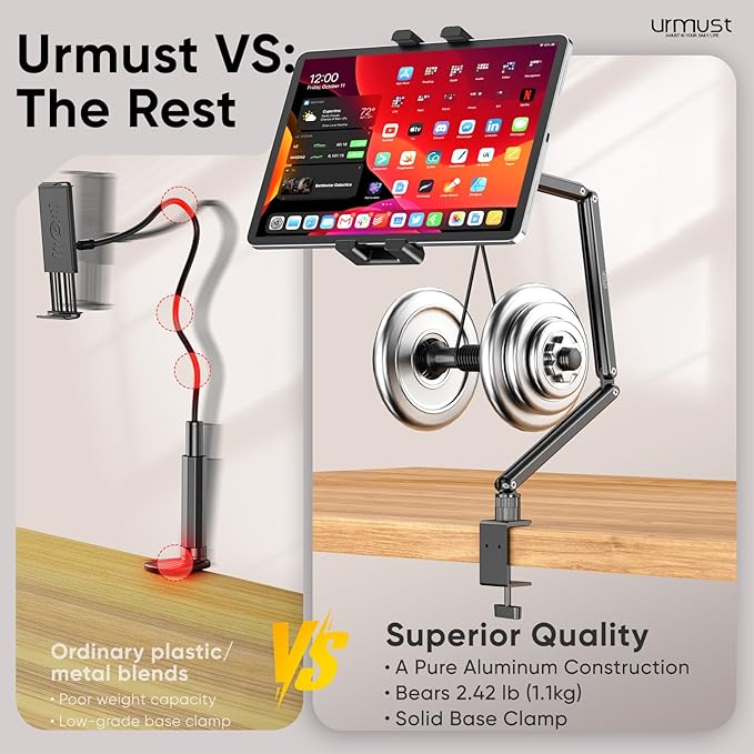 Urmust Portable Monitor Stand 15.6", iPad Stand for Desk, Portable Monitor Holder up to 18.5" Holds, Adjustable Desktop Tablet Arm Mount, Apple iPad Holder for Desk, for 4.7"-12.9" i Pad Pro/Air/Mini