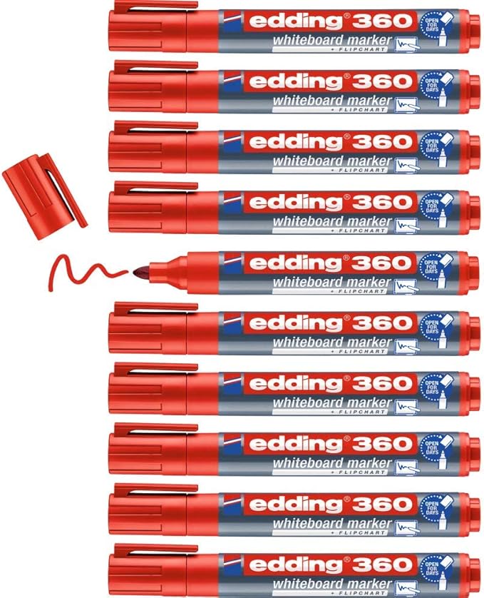 edding 360 whiteboardmarker - rood - 10 whiteboardstiften - ronde punt 1,5 - 3 mm - boardmarker uitwisbaar - voor whiteboard, flipchart, magneetbord, prikbord, memobord - sketchnotes - navulbaar