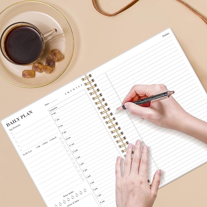 Daily Planner Undated - B5 To Do List Notebook Hourly Schedules, Spiral Appointment Planner for Women and Men, PVC Hardcover, Inner Pocket, Elastic Closure, 7" x 10", Rose Leaf