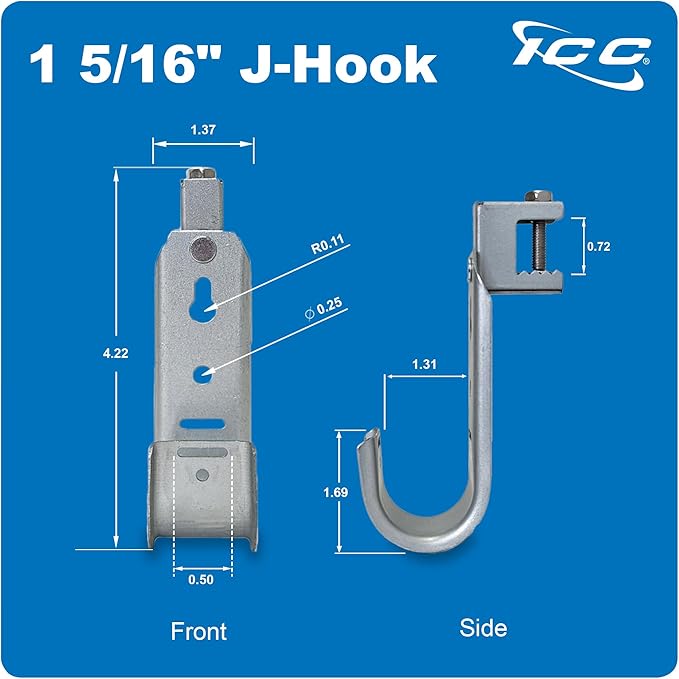 ICC Beam Clamp J Hook 1 5/16” Without Retainer Clip - Galvanized Steel Cable Management Hooks for Hanging Cable to Beams - Rust-Resistant, EIA and TIA Compliant - 1 5/16 Inch 25 Pack