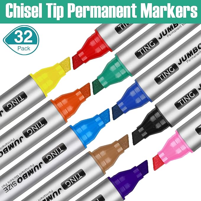 Fuutreo 32 Pcs Jumbo Permanent Markers Bulk Large Chisel Tip Permanent Markers Waterproof Jumbo Pens Quick Drying Office Supplies(Multicolor)