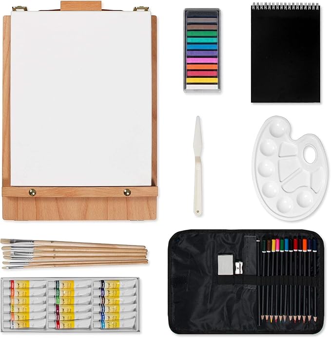 Kuyal Art Kit, 45 Piece Wooden Paint Set Crafts Drawing Painting Kit with Box Easel and 18 Acrylic Oil Paint Colors, 12 Color Pencil Etc. for Teens Adults Artist, Art Supplies
