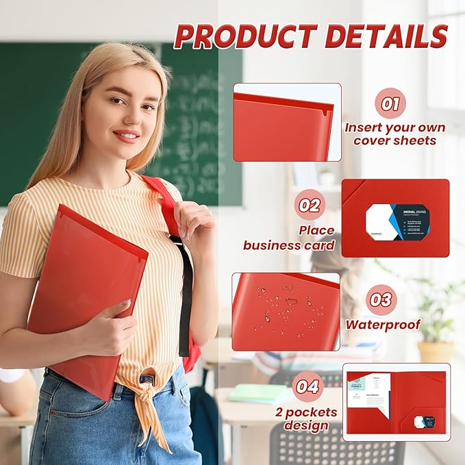 Henoyso 18 Pcs Plastic Folders with Clear Front Pockets Heavy Duty File Folders with 2 Pockets and Card Slot for Student Communication School Office Presentation Report (Red)