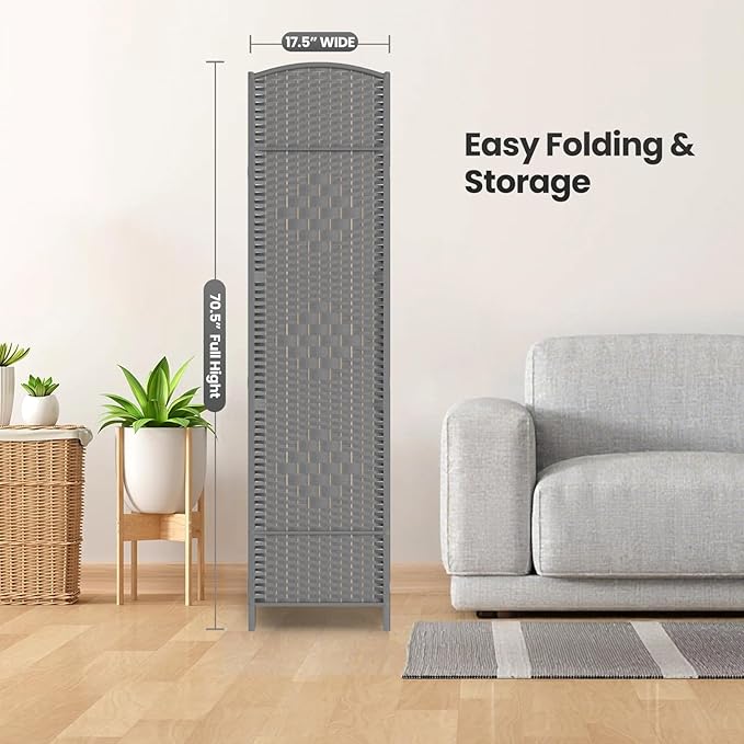 Cocosica Folding Room Divider, Weave Fiber Privacy Screen, Extra Wide Room Screen Divider Separator, Decorative Separation Wall Divider, Freestanding Room (Grey, 6-Panel)