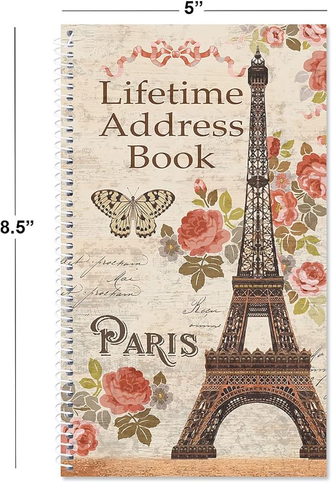 Current Parisian Postcard Address Book-94 Pages; Small 5" x 8-1/2" Size for Purse or Office,Spiral Bound Soft Cover Organizer for Contacts,Addresses, Email, & Phone Numbers + 50 Replacement Stickers