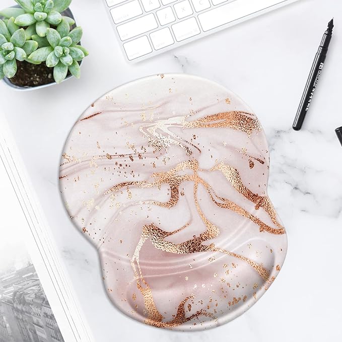 ITNRSIIET Ergonomic Mouse Pad with Gel Wrist Support Small Wrist Rest Smooth Surface Non-Slip PU Base Comfortable Office Supplies Pain Relief, 8.7 x 7.2 inches, Rose Gold Marbling
