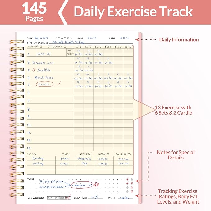 Fitness Journal Workout Planner for Women & Men, A5 (6.4" x 8.3") Workout Journal Log Book Planner Gift for Track Gym Essentials, Home Workouts, Track Progress, Achieve Wellness Goals, Pink