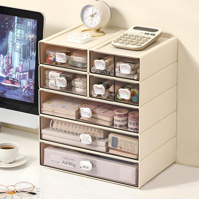 OSteed Spacious Desktop Storage Box, 2 Large Storage Drawers, Stackable Office Desk Drawer Organizer and Accessories, Printer Paper Organizer, Cream Plastic Drawers for Workspace