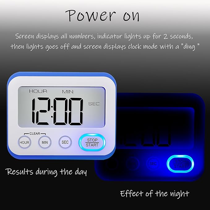 Digital Kitchen Timer Magnetic Loud Alarm, Large LCD Screen Silent/Beeping Multi-Function for Teachers Classroom Kids, Blue
