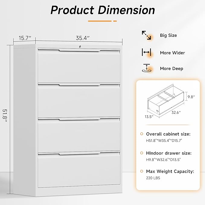 Bestoo 4-Drawer Lateral File Cabinet with Lock, Filing Cabinet for Home Office, Metal File Storage Cabinets, Fits File Folders, Letter/Legal/F4/A4 Sizes, Assembly Required (White)