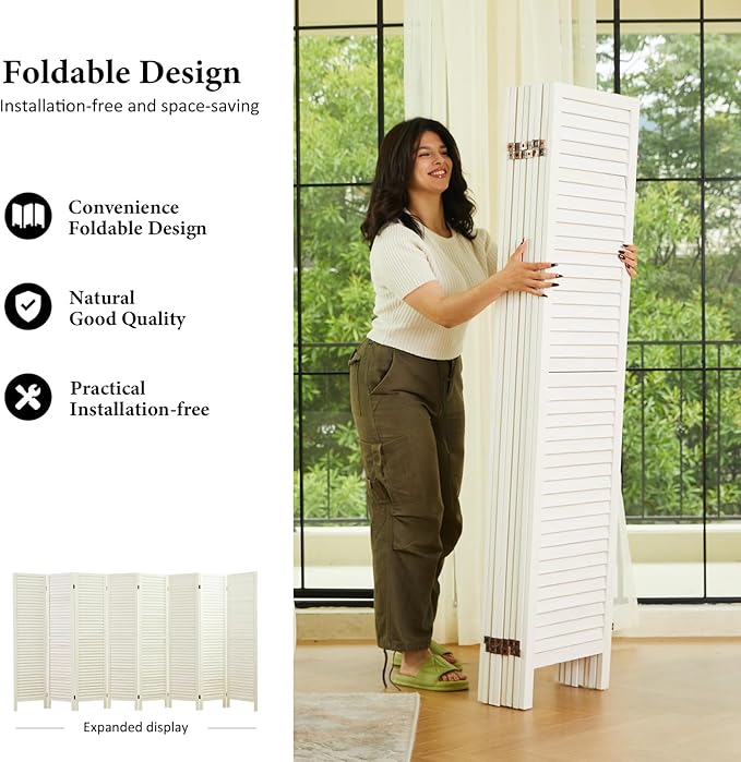 Room Dividers and Folding Privacy Screens, Wood Louvered Separators Divider Wall for Home Office Bedroom - 8 Panels (White-Washed)