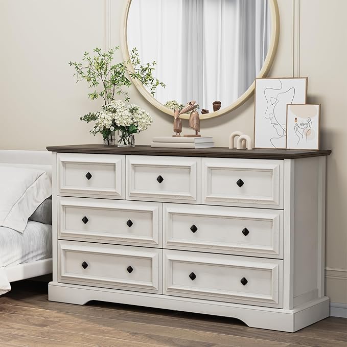 VVFLU Farmhouse 7 Drawer Dresser for Bedroom, 54" Wide Wooden Dresser with Natural Texture & Vintage Metal Knobs, Large Chest of Drawers for Bedroom, Living Room, Hallway, Antique White