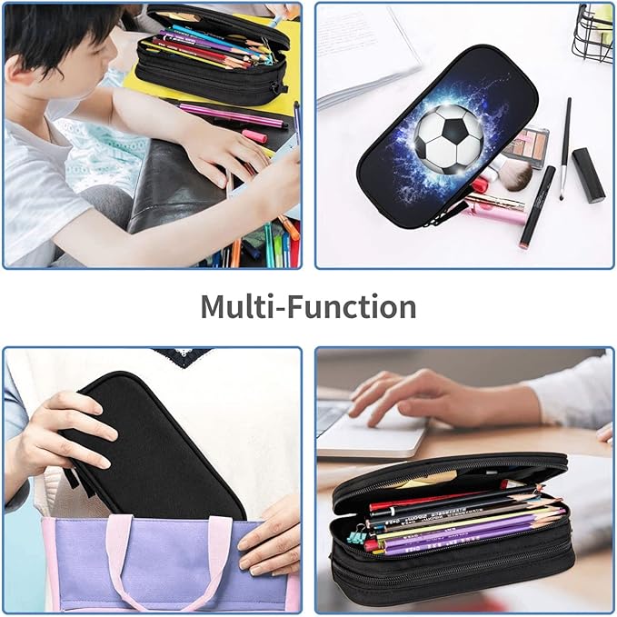 Blue Sports-Themed Pencil Case with Soccer Balls Pattern, Large Capacity Durable Pencil Box Storage Pen Bag with Zippers, Soccer Pencil Pouch Stationary Case for Boys Girls