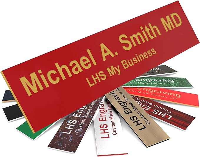 Engraved Name Plates for Door Sign Personalized Red Plastic Plaque with Gold Letters - Made in USA 2x12 B17